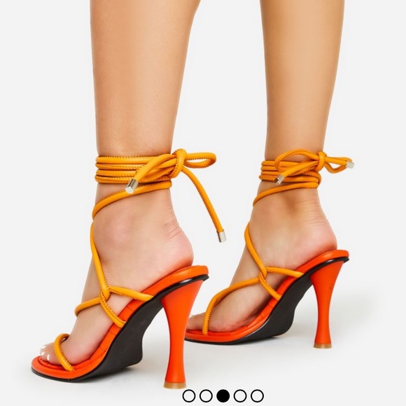 EGO GLOAMING LACE UP QUILTED INSOLE OPEN TOE SCULPTURED ROUND BLOCK HEEL -ORANGE - Picture 3 of 10